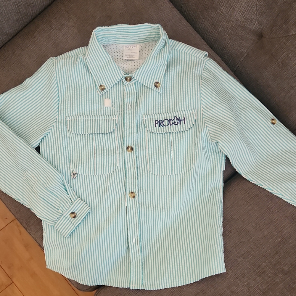 Prodoh Boys Size 8 Green Striped Seersucker Button Down Shirt